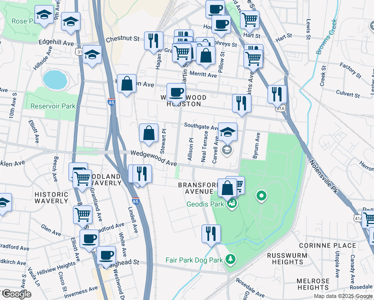 map of restaurants, bars, coffee shops, grocery stores, and more near 1714C Allison Place in Nashville