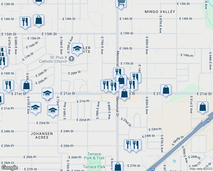 map of restaurants, bars, coffee shops, grocery stores, and more near 1760 South 79th East Avenue in Tulsa