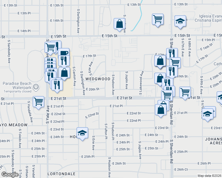map of restaurants, bars, coffee shops, grocery stores, and more near 1844 South Hudson Avenue in Tulsa