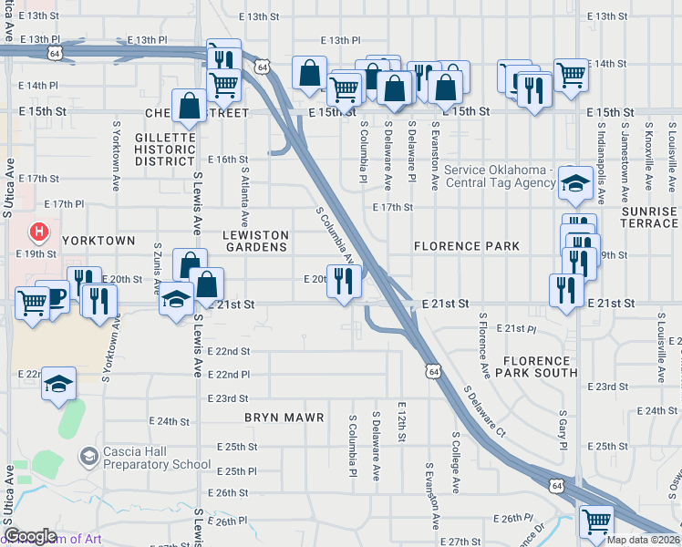 map of restaurants, bars, coffee shops, grocery stores, and more near 2640 East 19th Street in Tulsa