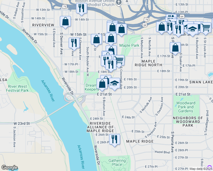 map of restaurants, bars, coffee shops, grocery stores, and more near 1823 South Boston Avenue in Tulsa