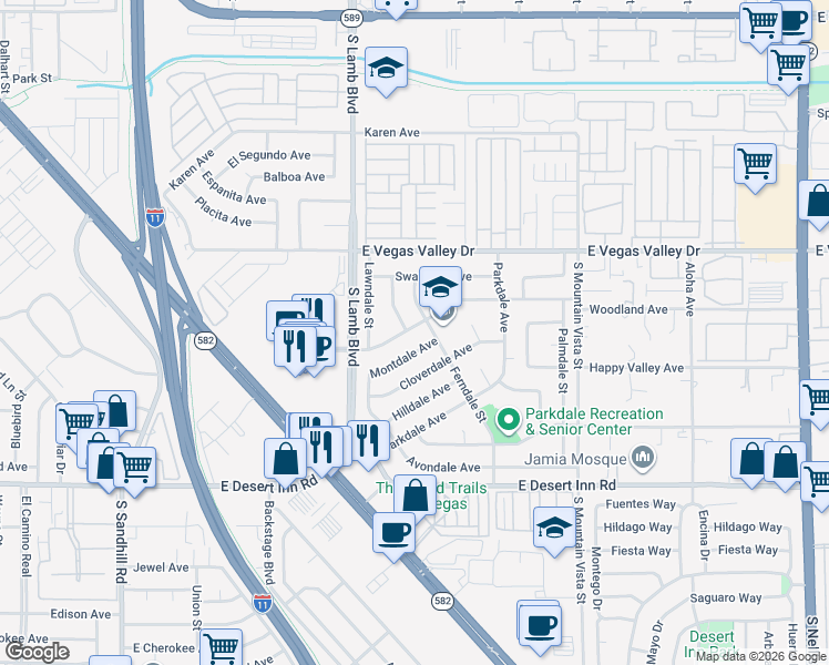 map of restaurants, bars, coffee shops, grocery stores, and more near 4323 Ridgedale Avenue in Las Vegas