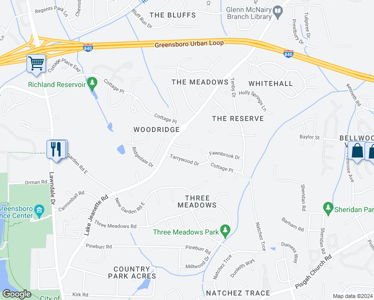map of restaurants, bars, coffee shops, grocery stores, and more near 2103 Abbott Drive in Greensboro