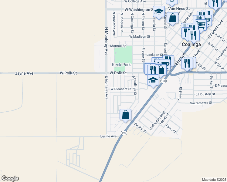 map of restaurants, bars, coffee shops, grocery stores, and more near 213 South Monterey Avenue in Coalinga
