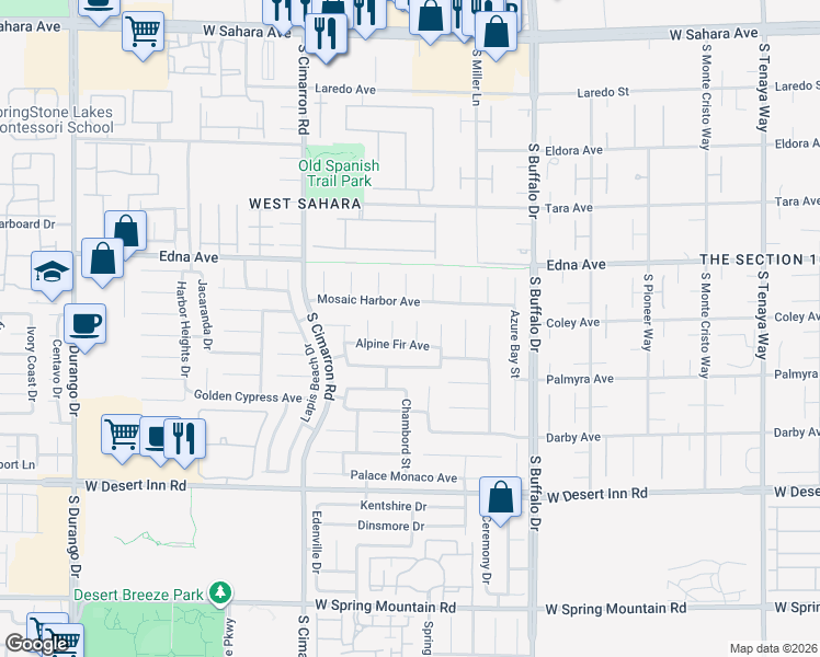 map of restaurants, bars, coffee shops, grocery stores, and more near 8033 Mosaic Harbor Avenue in Las Vegas