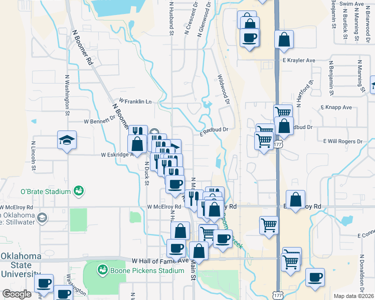 map of restaurants, bars, coffee shops, grocery stores, and more near 1210 North Main Street in Stillwater