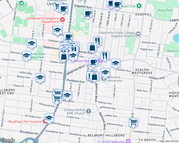 map of restaurants, bars, coffee shops, grocery stores, and more near 1901 18th Avenue South in Nashville