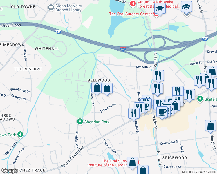 map of restaurants, bars, coffee shops, grocery stores, and more near 9 Nandina Drive in Greensboro