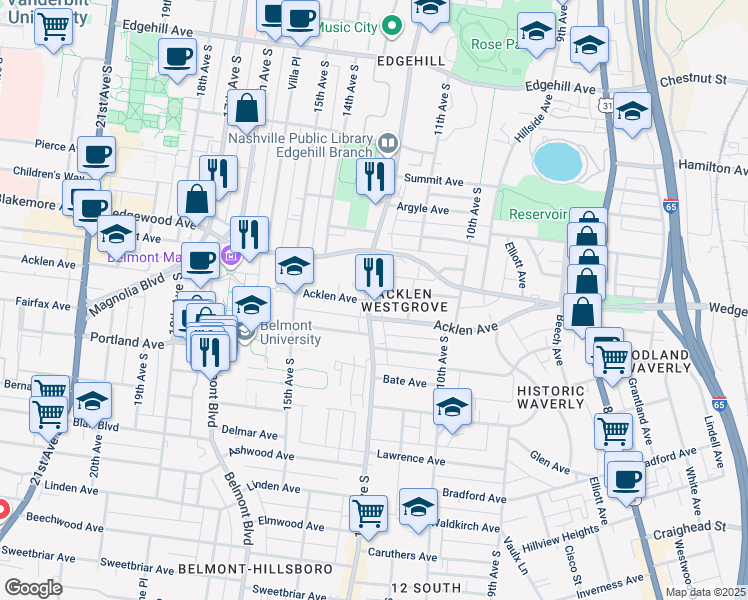 map of restaurants, bars, coffee shops, grocery stores, and more near 1114 West Grove Avenue in Nashville