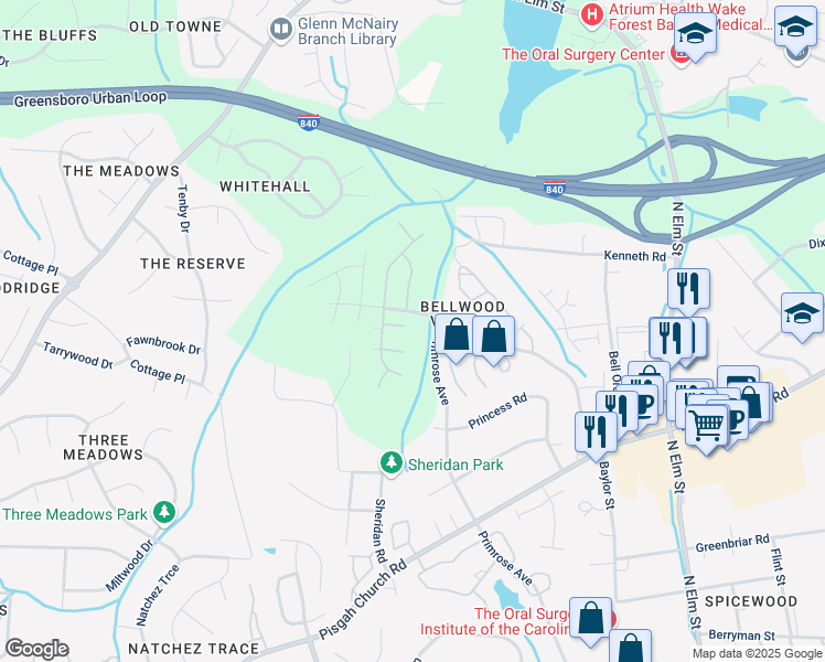 map of restaurants, bars, coffee shops, grocery stores, and more near 4200 Queen Victoria Place in Greensboro
