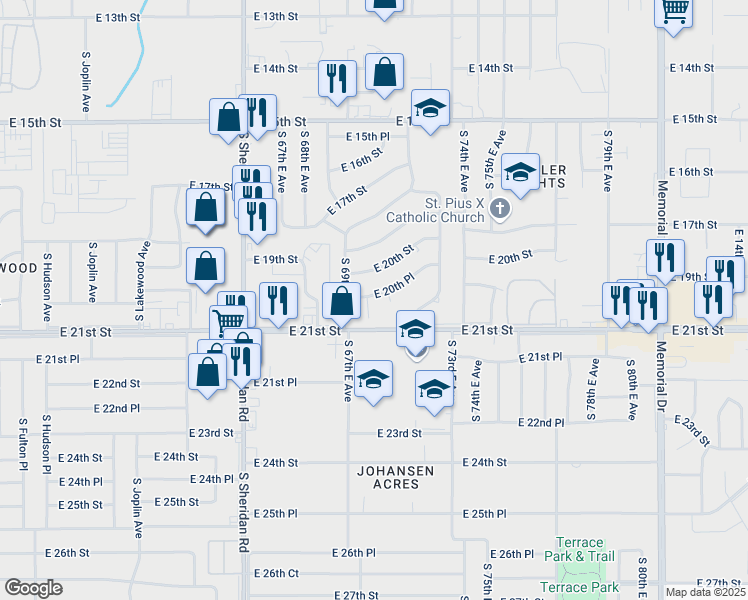 map of restaurants, bars, coffee shops, grocery stores, and more near 2029 South 69th East Place in Tulsa