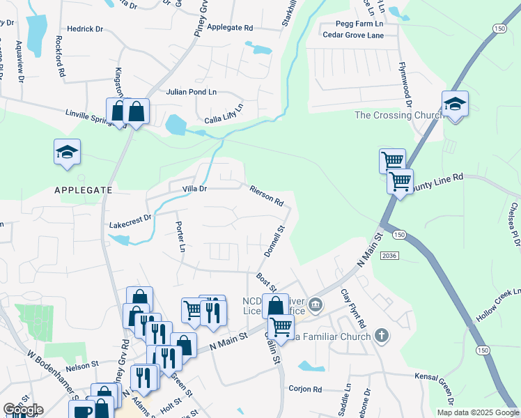 map of restaurants, bars, coffee shops, grocery stores, and more near 308 Windsor Manor Way in Kernersville