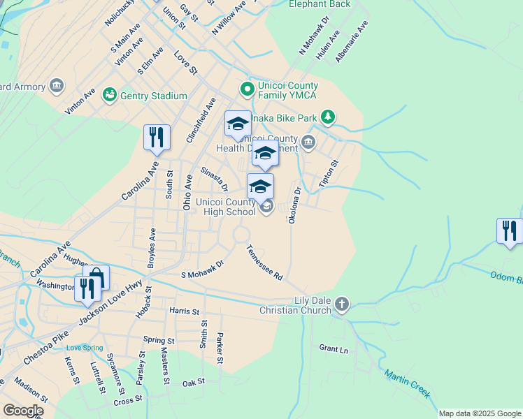 map of restaurants, bars, coffee shops, grocery stores, and more near 700 South Mohawk Drive in Erwin