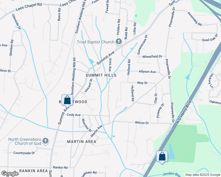 map of restaurants, bars, coffee shops, grocery stores, and more near 4408 Voss Avenue in Greensboro