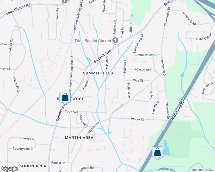 map of restaurants, bars, coffee shops, grocery stores, and more near 4400 Voss Avenue in Greensboro