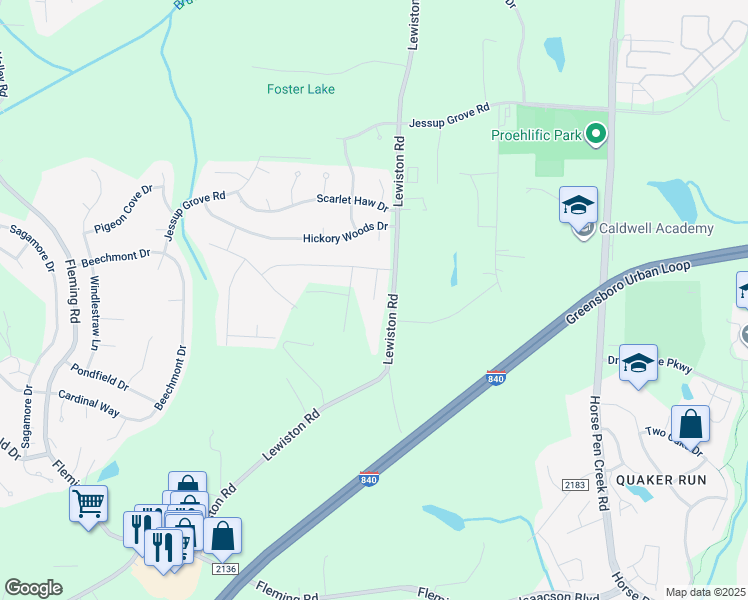 map of restaurants, bars, coffee shops, grocery stores, and more near 4008 Crimson Wood Court in Greensboro