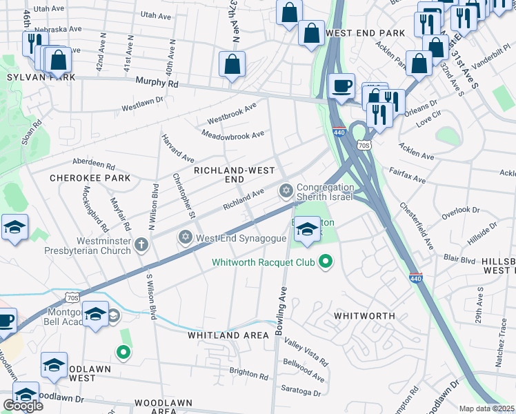 map of restaurants, bars, coffee shops, grocery stores, and more near 3641 Richland Avenue in Nashville