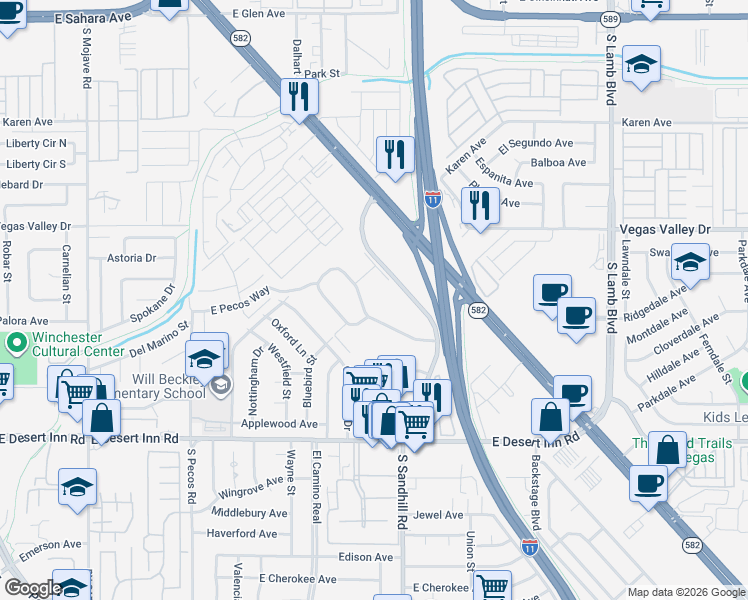 map of restaurants, bars, coffee shops, grocery stores, and more near 340 Greenbriar Townhouse Way in Las Vegas