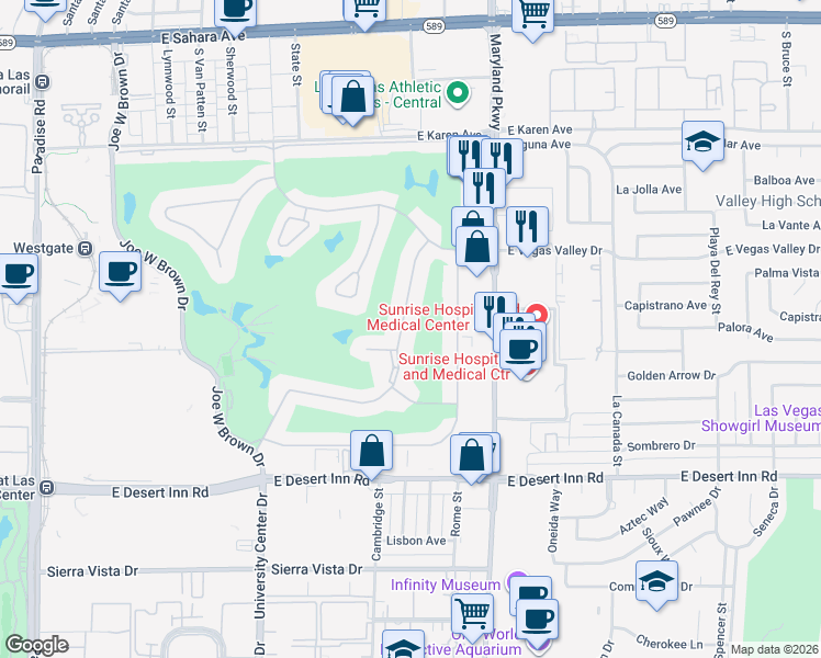 map of restaurants, bars, coffee shops, grocery stores, and more near 3012 Bel Air Drive in Las Vegas