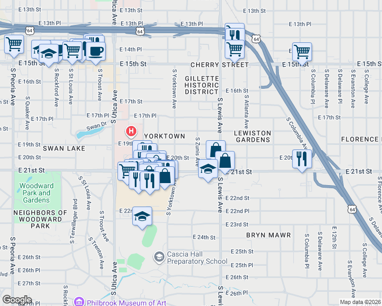 map of restaurants, bars, coffee shops, grocery stores, and more near 2124 East 19th Street in Tulsa