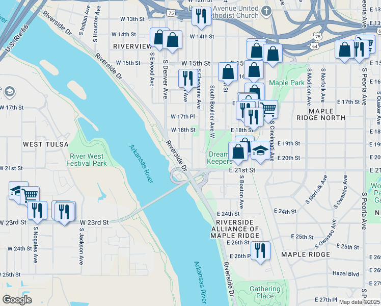 map of restaurants, bars, coffee shops, grocery stores, and more near 213 West 19th Street in Tulsa