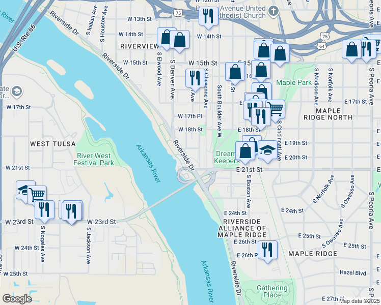 map of restaurants, bars, coffee shops, grocery stores, and more near 213 West 19th Street in Tulsa