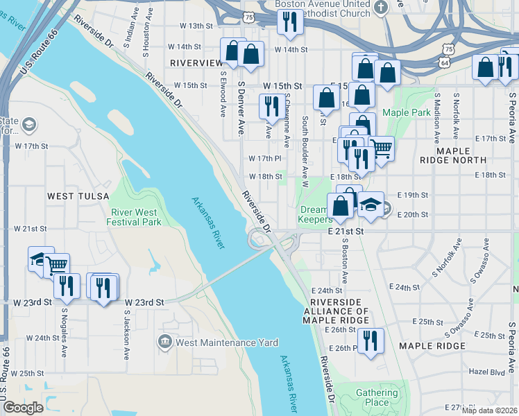 map of restaurants, bars, coffee shops, grocery stores, and more near 213 West 19th Street in Tulsa