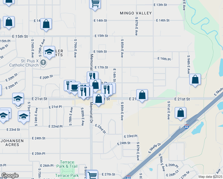 map of restaurants, bars, coffee shops, grocery stores, and more near 8234 East 19th Place in Tulsa