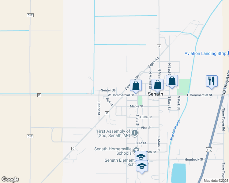 map of restaurants, bars, coffee shops, grocery stores, and more near 201 Douglas Street in Senath