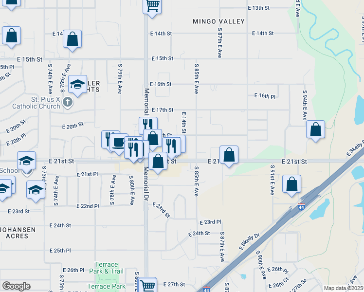 map of restaurants, bars, coffee shops, grocery stores, and more near 8240 East 19th Place in Tulsa