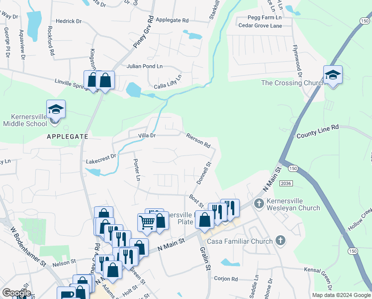 map of restaurants, bars, coffee shops, grocery stores, and more near 316 Windsor Manor Way in Kernersville