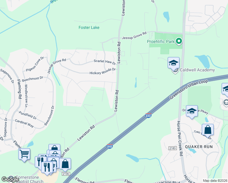 map of restaurants, bars, coffee shops, grocery stores, and more near 3617 Lewiston Road in Greensboro