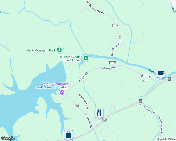 map of restaurants, bars, coffee shops, grocery stores, and more near 193 Ranger Road in Wilkesboro