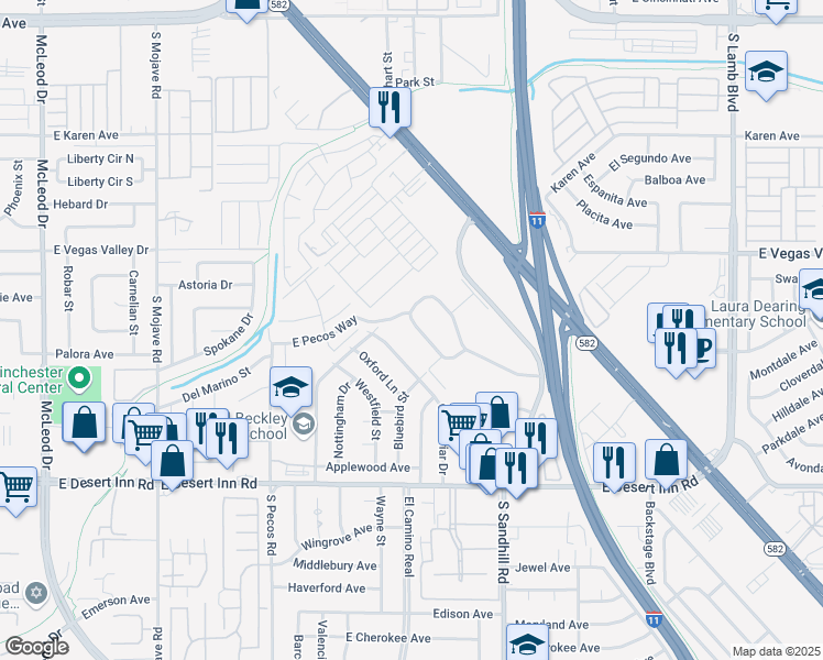 map of restaurants, bars, coffee shops, grocery stores, and more near 647 Greenbriar Townhouse Way in Las Vegas