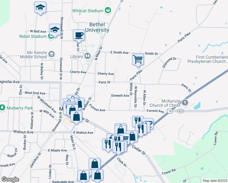 map of restaurants, bars, coffee shops, grocery stores, and more near 182 Paris Avenue in McKenzie