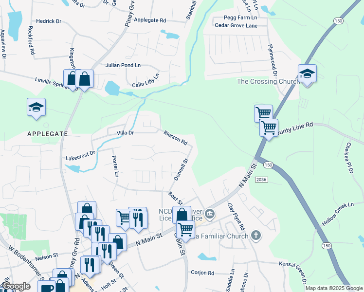 map of restaurants, bars, coffee shops, grocery stores, and more near 302 Windsor Manor Way in Kernersville