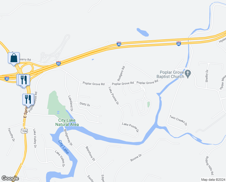 map of restaurants, bars, coffee shops, grocery stores, and more near 2314 Lake Pointe Drive in Cookeville