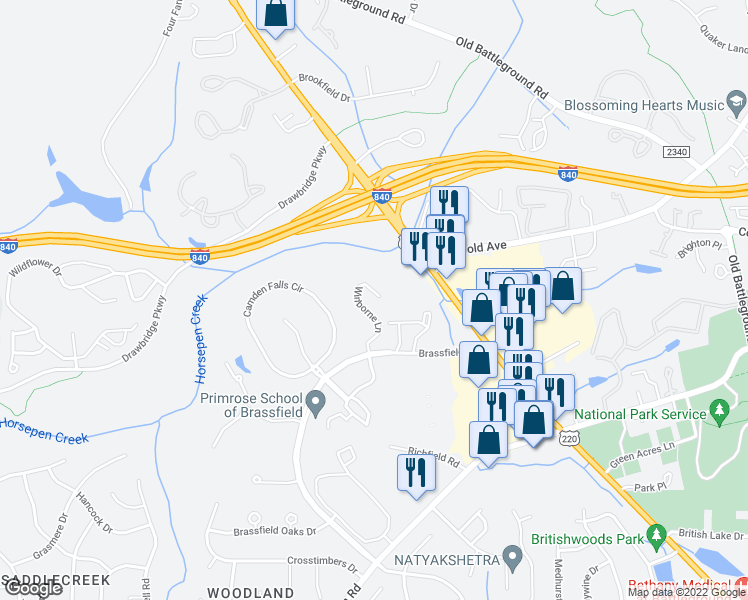 map of restaurants, bars, coffee shops, grocery stores, and more near 3764 Winborne Lane in Greensboro