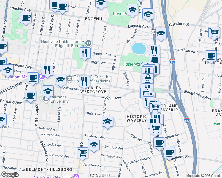 map of restaurants, bars, coffee shops, grocery stores, and more near in Nashville