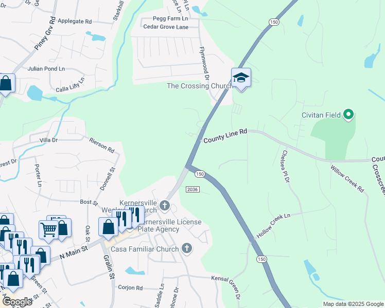 map of restaurants, bars, coffee shops, grocery stores, and more near North Main Street in Kernersville