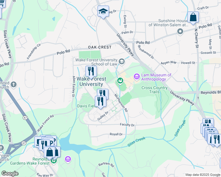 map of restaurants, bars, coffee shops, grocery stores, and more near Wingate Road in Winston-Salem