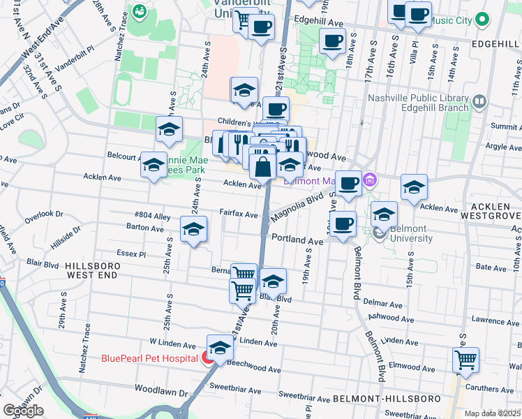 map of restaurants, bars, coffee shops, grocery stores, and more near 2106 Fairfax Avenue in Nashville
