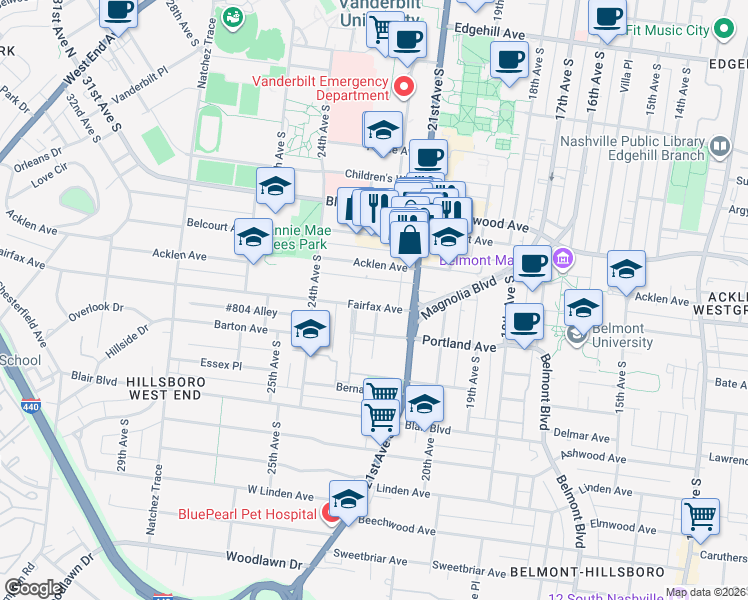 map of restaurants, bars, coffee shops, grocery stores, and more near 2115 Fairfax Avenue in Nashville