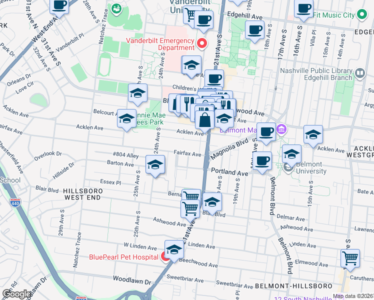 map of restaurants, bars, coffee shops, grocery stores, and more near 2118 Fairfax Avenue in Nashville