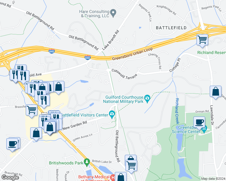 map of restaurants, bars, coffee shops, grocery stores, and more near Old Battleground Road in Greensboro