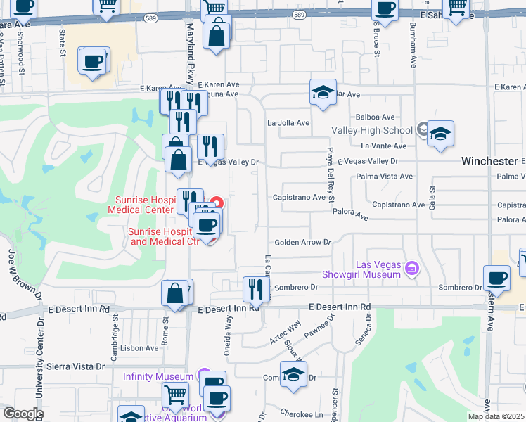 map of restaurants, bars, coffee shops, grocery stores, and more near 3035 La Canada Street in Las Vegas