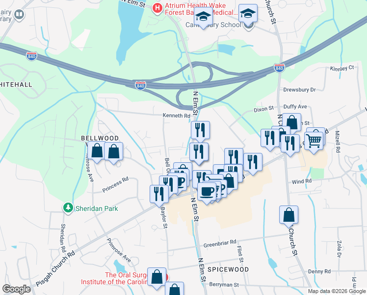 map of restaurants, bars, coffee shops, grocery stores, and more near 3621 North Elm Street in Greensboro