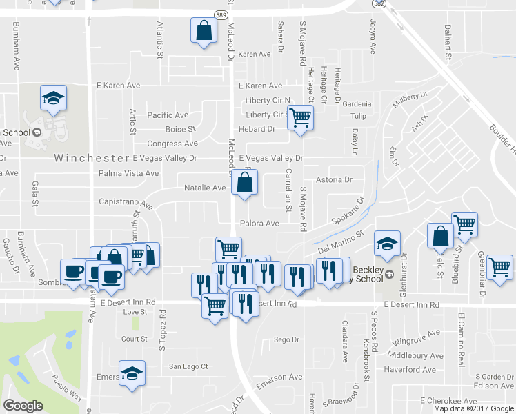 map of restaurants, bars, coffee shops, grocery stores, and more near 3033 Peridot Street in Las Vegas