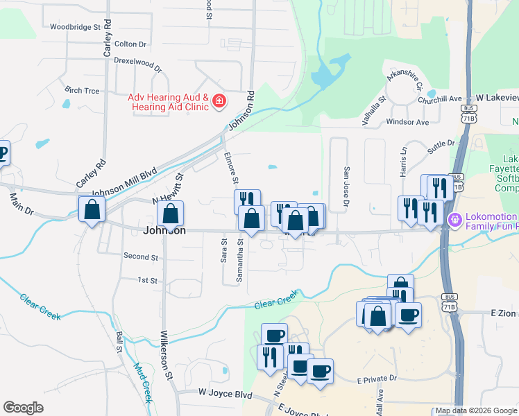 map of restaurants, bars, coffee shops, grocery stores, and more near 2212 Karrington Ridge in Springdale