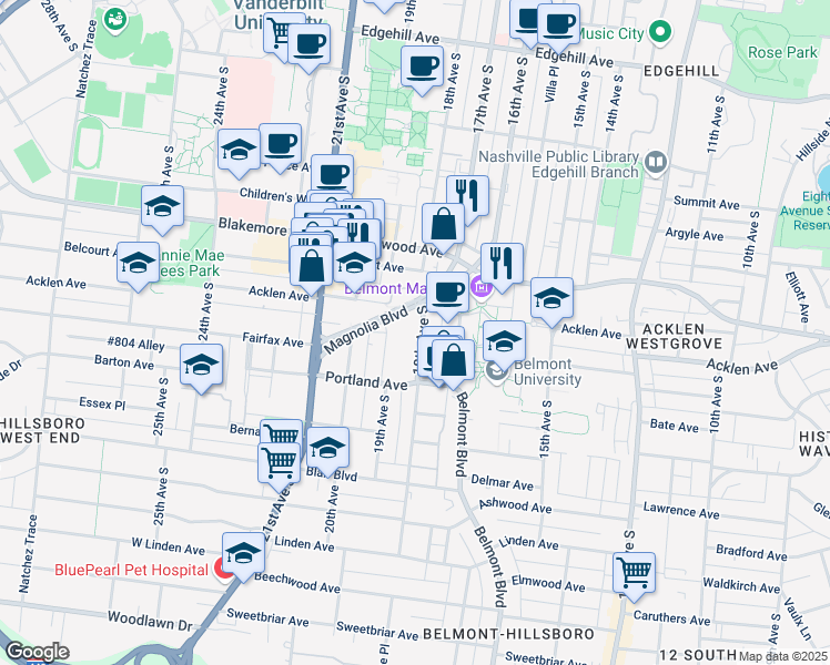 map of restaurants, bars, coffee shops, grocery stores, and more near 1909 18th Avenue South in Nashville